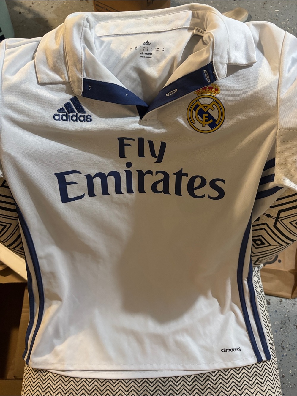 adidas White and Navy Real Madrid Fly Emirates Soccer Jersey